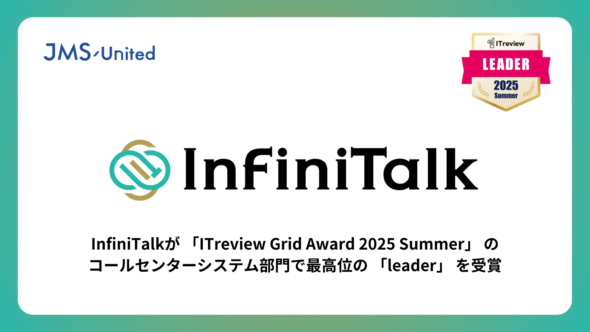 InfiniTalkが 「ITreview Grid Award 2025 Summer」 コールセンターシステム部門で最高位の 「Leader」 を受賞