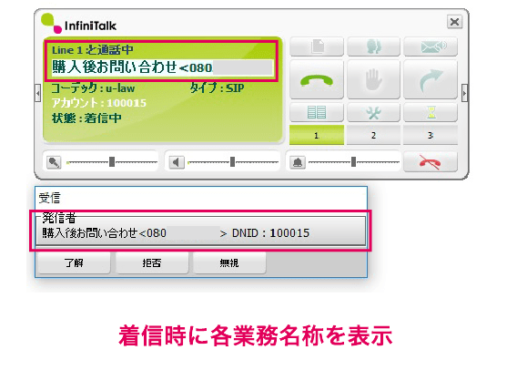 着信時にソフトフォンで「業務名称」を表示